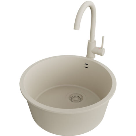 PRIMAGRAN Evier Sous Plan 46x46cm,Evier en Granit 1 bac + Robinet 32x20cm + Kit de Vidage, Évier au meuble 50cm - La Valette, Beige