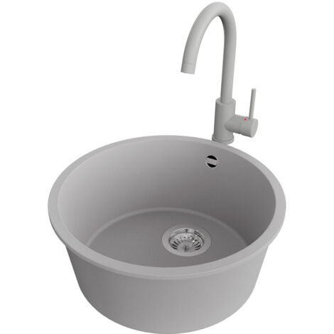 PRIMAGRAN Evier Sous Plan 46x46cm,Evier en Granit 1 bac + Robinet 32x20cm + Kit de Vidage, Évier au meuble 50cm - La Valette, Gris