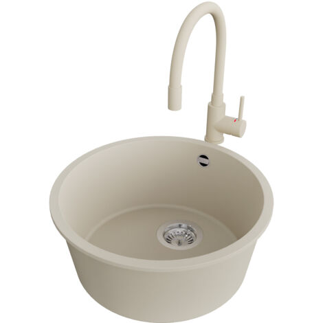 PRIMAGRAN Evier Sous Plan 46x46cm,Evier en Granit 1 bac + Robinet 38x14cm + Kit de Vidage, Évier au meuble 50cm - La Valette, Beige