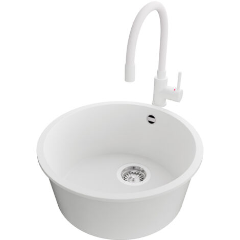 PRIMAGRAN Evier Sous Plan 46x46cm,Evier en Granit 1 bac + Robinet 38x14cm + Kit de Vidage, Évier au meuble 50cm - La Valette, Blanc