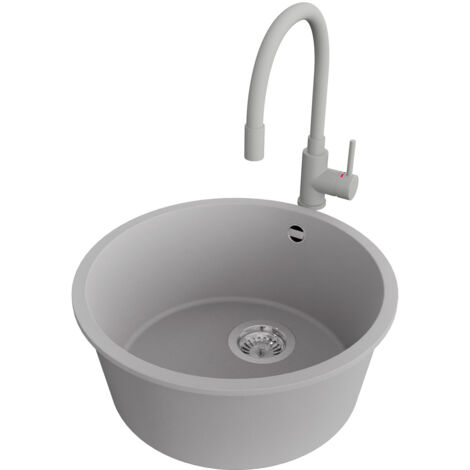 PRIMAGRAN Evier Sous Plan 46x46cm,Evier en Granit 1 bac + Robinet 38x14cm + Kit de Vidage, Évier au meuble 50cm - La Valette, Gris