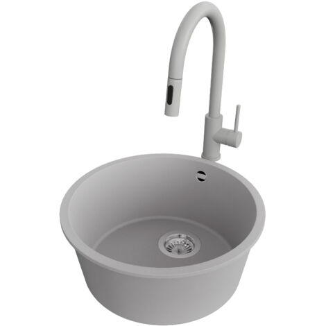 PRIMAGRAN Evier Sous Plan 46x46cm,Evier en Granit 1 bac + Robinet 40x20cm + Kit de Vidage, Évier au meuble 50cm - La Valette, Gris