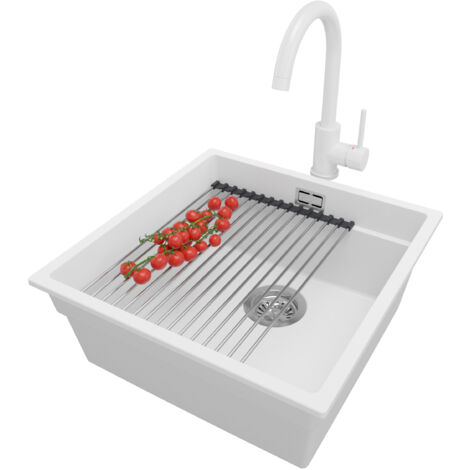 PRIMAGRAN Evier Sous Plan 46x47cm, Evier en Granit 1 bac + Robinet 32x20cm + Kit de Vidage + Égouttoir Enroulable, Évier au meuble 50cm - Prague, Blanc