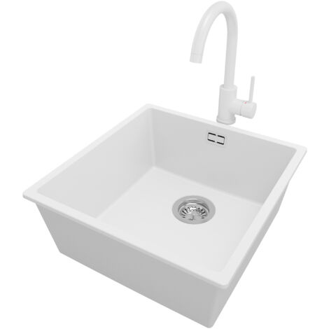 PRIMAGRAN Evier Sous Plan 46x47cm, Evier en Granit 1 bac + Robinet 32x20cm + Kit de Vidage, Évier au meuble 50cm - London, Blanc