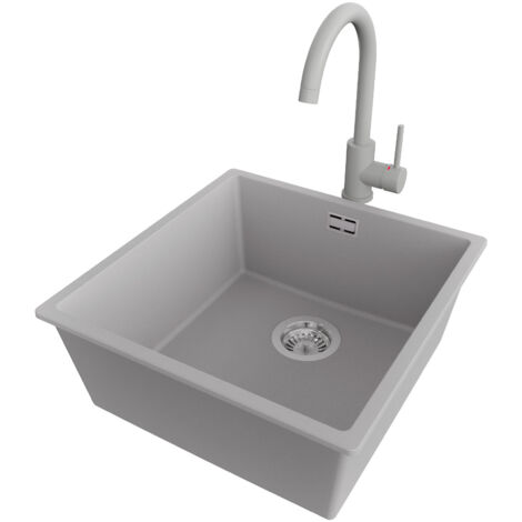 PRIMAGRAN Evier Sous Plan 46x47cm,Evier en Granit 1 bac + Robinet 32x20cm + Kit de Vidage, Évier au meuble 50cm - London, Gris