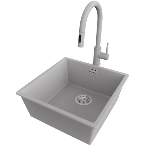 PRIMAGRAN Evier Sous Plan 46x47cm,Evier en Granit 1 bac + Robinet 40x20cm + Kit de Vidage, Évier au meuble 50cm - London, Gris