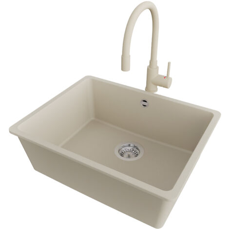 PRIMAGRAN Evier Sous Plan 56x44cm,Evier en Granit 1 bac + Robinet 38x14cm + Kit de Vidage, Évier au meuble 60cm - Venise Easy, Beige