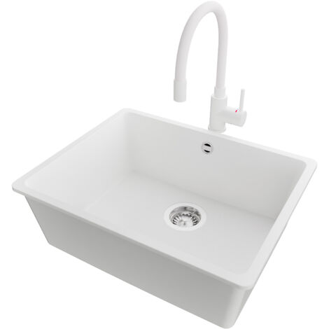 PRIMAGRAN Evier Sous Plan 56x44cm,Evier en Granit 1 bac + Robinet 38x14cm + Kit de Vidage, Évier au meuble 60cm - Venise Easy, Blanc
