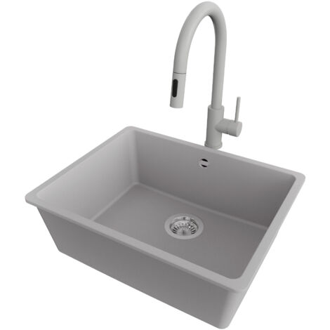 PRIMAGRAN Evier Sous Plan 56x44cm,Evier en Granit 1 bac + Robinet 40x20cm + Kit de Vidage, Évier au meuble 60cm - Venise Easy, Gris