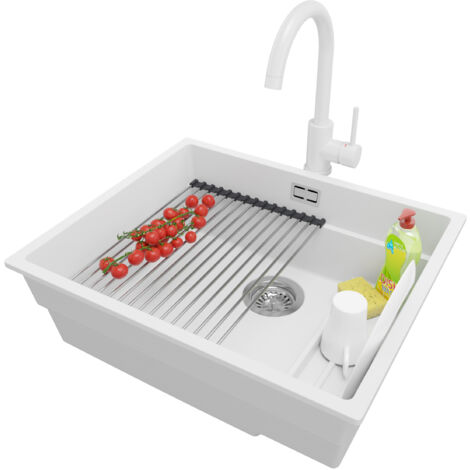 PRIMAGRAN Evier Sous Plan 56x47cm, Evier en Granit 1 bac + Robinet 32x20cm + Kit de Vidage + Égouttoir Enroulable, Évier au meuble 60cm - Prague, Blanc