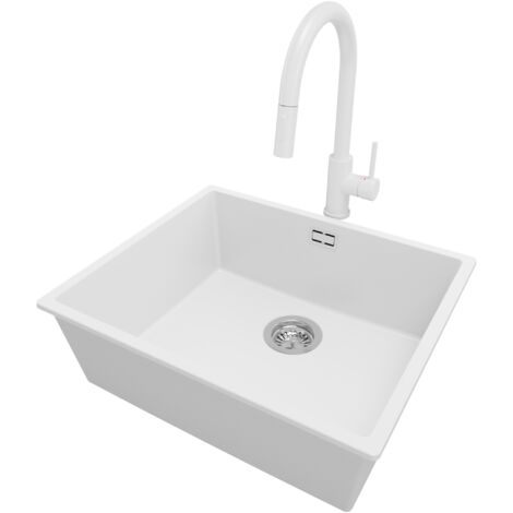 PRIMAGRAN Evier Sous Plan 56x47cm, Evier en Granit 1 bac + Robinet 40x20cm + Kit de Vidage, Évier au meuble 60cm - London, Blanc