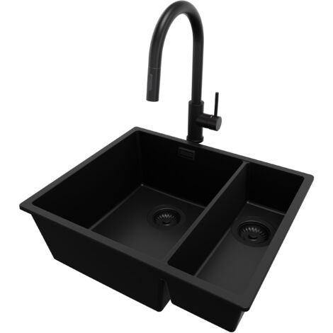 PRIMAGRAN Evier Sous Plan 56x47cm, Evier en Granit 1,5 bacs + Robinet 40x20cm + Kit de Vidage, Évier au meuble 60cm - London Duo, Tout Noir