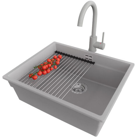 PRIMAGRAN Evier Sous Plan 56x47cm,Evier en Granit 1 bac + Robinet 32x20cm + Kit de Vidage + Égouttoir Enroulable, Évier au meuble 60cm - Prague, Gris