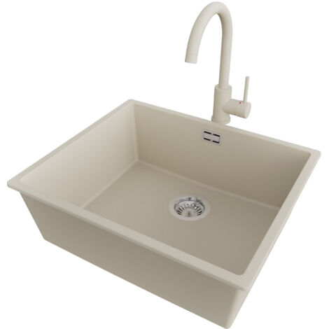 PRIMAGRAN Evier Sous Plan 56x47cm,Evier en Granit 1 bac + Robinet 32x20cm + Kit de Vidage, Évier au meuble 60cm - London, Beige