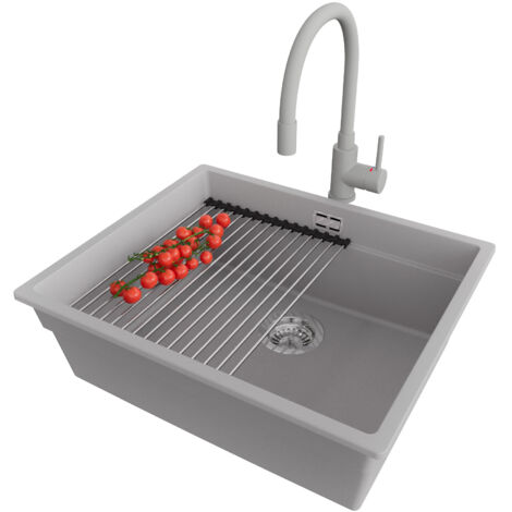 PRIMAGRAN Evier Sous Plan 56x47cm,Evier en Granit 1 bac + Robinet 38x14cm + Kit de Vidage + Égouttoir Enroulable, Évier au meuble 60cm - Prague, Gris