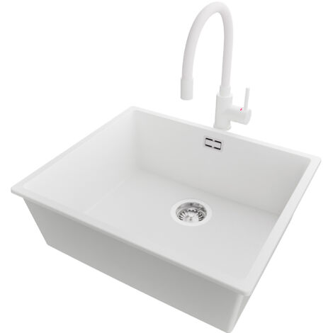 PRIMAGRAN Evier Sous Plan 56x47cm,Evier en Granit 1 bac + Robinet 38x14cm + Kit de Vidage, Évier au meuble 60cm - London, Blanc