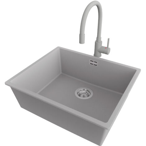 PRIMAGRAN Evier Sous Plan 56x47cm,Evier en Granit 1 bac + Robinet 38x14cm + Kit de Vidage, Évier au meuble 60cm - London, Gris