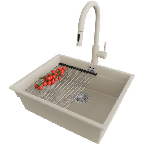 PRIMAGRAN Evier Sous Plan 56x47cm,Evier en Granit 1 bac + Robinet 40x20cm + Kit de Vidage + Égouttoir Enroulable, Évier au meuble 60cm - Prague, Beige