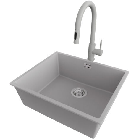 PRIMAGRAN Evier Sous Plan 56x47cm,Evier en Granit 1 bac + Robinet 40x20cm + Kit de Vidage, Évier au meuble 60cm - London, Gris