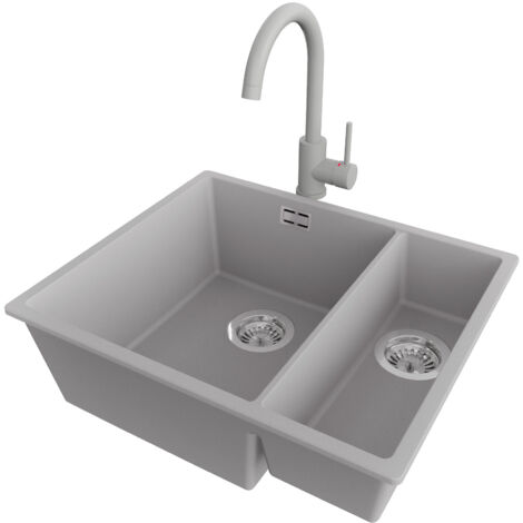 PRIMAGRAN Evier Sous Plan 56x47cm,Evier en Granit 1,5 bacs + Robinet 32x20cm + Kit de Vidage, Évier au meuble 60cm - London Duo, Gris
