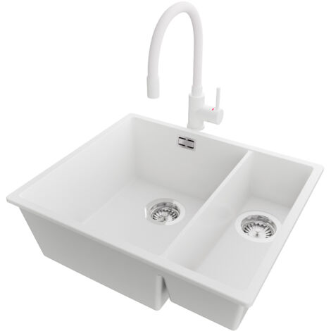 PRIMAGRAN Evier Sous Plan 56x47cm,Evier en Granit 1,5 bacs + Robinet 38x14cm + Kit de Vidage, Évier au meuble 60cm - London Duo, Blanc