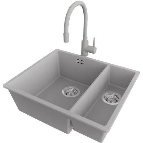 PRIMAGRAN Evier Sous Plan 56x47cm,Evier en Granit 1,5 bacs + Robinet 38x14cm + Kit de Vidage, Évier au meuble 60cm - London Duo, Gris