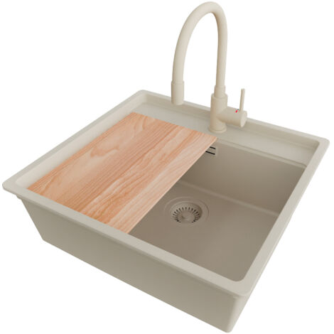 PRIMAGRAN Evier Sous Plan 56x53cm,Evier en Granit 1 bac + Robinet 38x14cm + Kit de Vidage + Planche à Découper, Évier au meuble 60cm - Bergen, Beige