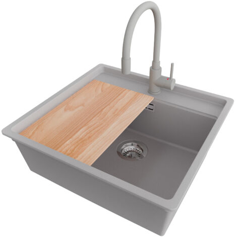 PRIMAGRAN Evier Sous Plan 56x53cm,Evier en Granit 1 bac + Robinet 38x14cm + Kit de Vidage + Planche à Découper, Évier au meuble 60cm - Bergen, Gris