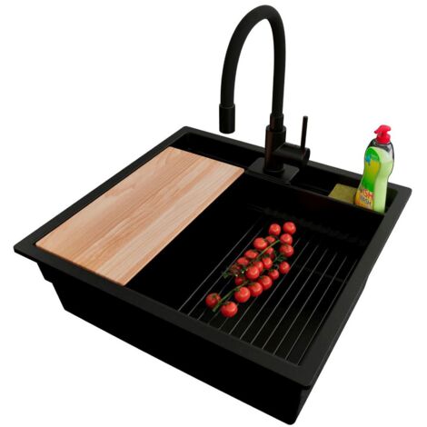PRIMAGRAN Evier Sous Plan 56x54cm,Evier en Granit 1 bac + Robinet 40x38cm + Kit de Vidage + Accessoires, Évier au meuble 60cm - Bergen Pocket, Tout Noir