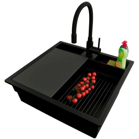 PRIMAGRAN Evier Sous Plan 56x54cm,Evier en Granit 1 bac + Robinet 40x38cm + Kit de Vidage + Accessoires, Évier au meuble 60cm - Bergen Pocket, Tout Noir