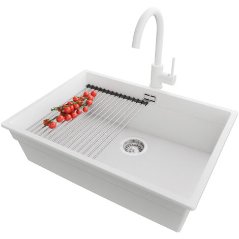 PRIMAGRAN Evier Sous Plan 66x47cm,Evier en Granit 1 bac + Robinet 32x20cm + Kit de Vidage + Égouttoir Enroulable, Évier au meuble 70cm - Prague, Blanc
