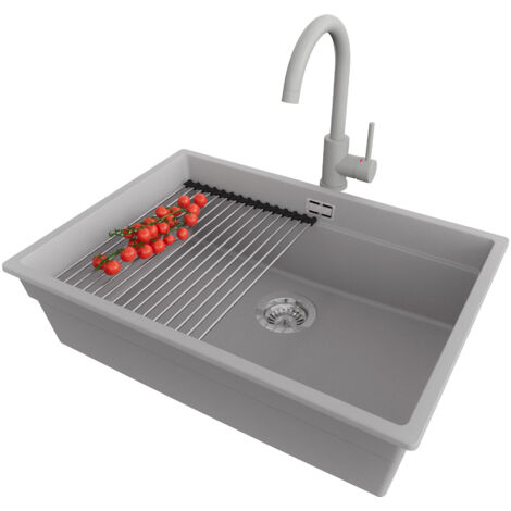 PRIMAGRAN Evier Sous Plan 66x47cm,Evier en Granit 1 bac + Robinet 32x20cm + Kit de Vidage + Égouttoir Enroulable, Évier au meuble 70cm - Prague, Gris