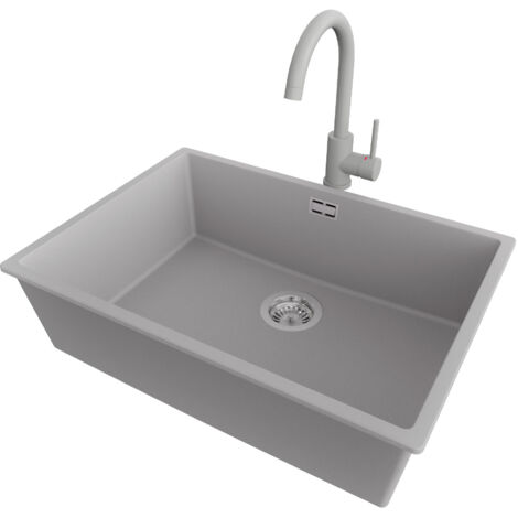 PRIMAGRAN Evier Sous Plan 66x47cm,Evier en Granit 1 bac + Robinet 32x20cm + Kit de Vidage, Évier au meuble 70cm - London, Gris