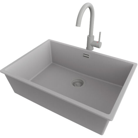 PRIMAGRAN Evier Sous Plan 66x47cm,Evier en Granit 1 bac + Robinet 32x20cm + Kit de Vidage, Évier au meuble 70cm - London, Gris