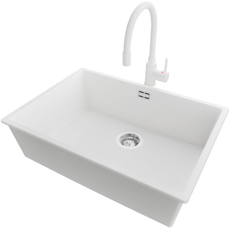 PRIMAGRAN Evier Sous Plan 66x47cm,Evier en Granit 1 bac + Robinet 38x14cm + Kit de Vidage, Évier au meuble 70cm - London, Blanc