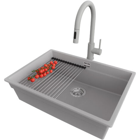 PRIMAGRAN Evier Sous Plan 66x47cm,Evier en Granit 1 bac + Robinet 40x20cm + Kit de Vidage + Égouttoir Enroulable, Évier au meuble 70cm - Prague, Gris