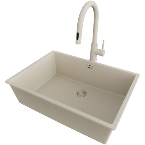 PRIMAGRAN Evier Sous Plan 66x47cm,Evier en Granit 1 bac + Robinet 40x20cm + Kit de Vidage, Évier au meuble 70cm - London, Beige