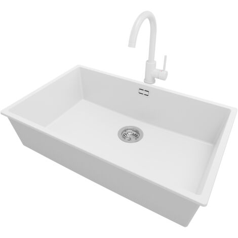 PRIMAGRAN Evier Sous Plan 76x47cm, Evier en Granit 1 bac + Robinet 32x20cm + Kit de Vidage, Évier au meuble 80cm - London, Blanc