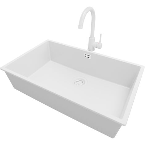 PRIMAGRAN Evier Sous Plan 76x47cm, Evier en Granit 1 bac + Robinet 32x20cm + Kit de Vidage, Évier au meuble 80cm - London, Tout Blanc