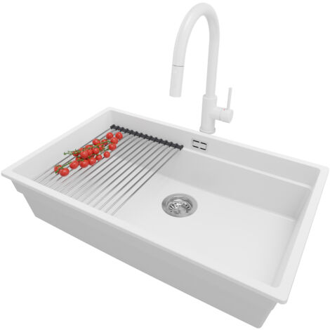 PRIMAGRAN Evier Sous Plan 76x47cm, Evier en Granit 1 bac + Robinet 40x20cm + Kit de Vidage + Égouttoir Enroulable, Évier au meuble 80cm - Prague, Blanc