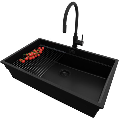 PRIMAGRAN Evier Sous Plan 76x47cm, Evier en Granit 1 bac + Robinet 40x38cm + Kit de Vidage + Égouttoir Enroulable, Évier au meuble 80cm - Prague, Tout Noir