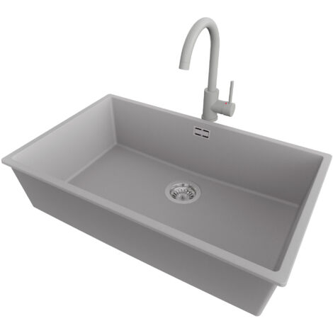 PRIMAGRAN Evier Sous Plan 76x47cm,Evier en Granit 1 bac + Robinet 32x20cm + Kit de Vidage, Évier au meuble 80cm - London, Gris