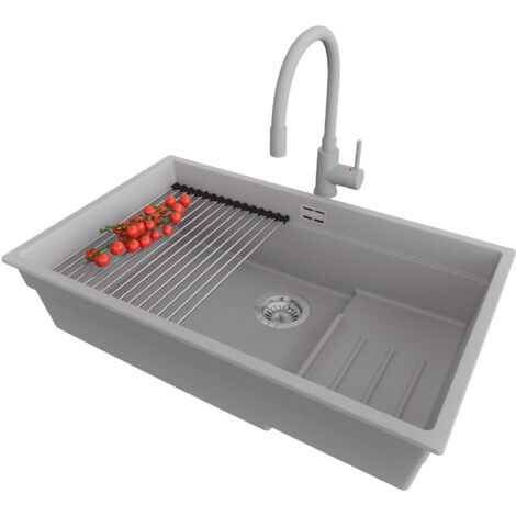 PRIMAGRAN Evier Sous Plan 76x47cm,Evier en Granit 1 bac + Robinet 38x14cm + Kit de Vidage + Égouttoir Enroulable, Évier au meuble 80cm - Prague, Gris
