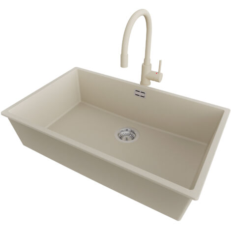 PRIMAGRAN Evier Sous Plan 76x47cm,Evier en Granit 1 bac + Robinet 38x14cm + Kit de Vidage, Évier au meuble 80cm - London, Beige