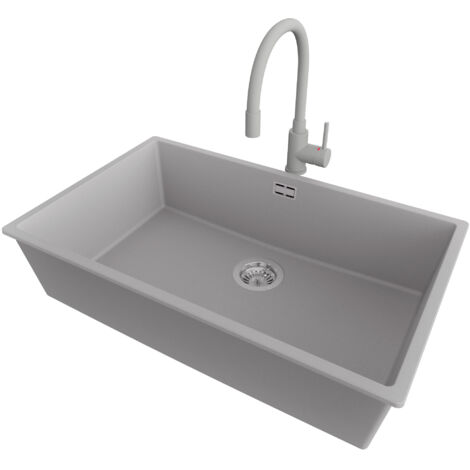 PRIMAGRAN Evier Sous Plan 76x47cm,Evier en Granit 1 bac + Robinet 38x14cm + Kit de Vidage, Évier au meuble 80cm - London, Gris