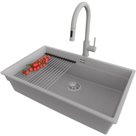 PRIMAGRAN Evier Sous Plan 76x47cm,Evier en Granit 1 bac + Robinet 40x20cm + Kit de Vidage + Égouttoir Enroulable, Évier au meuble 80cm - Prague, Gris
