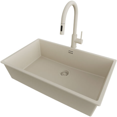 PRIMAGRAN Evier Sous Plan 76x47cm,Evier en Granit 1 bac + Robinet 40x20cm + Kit de Vidage, Évier au meuble 80cm - London, Beige