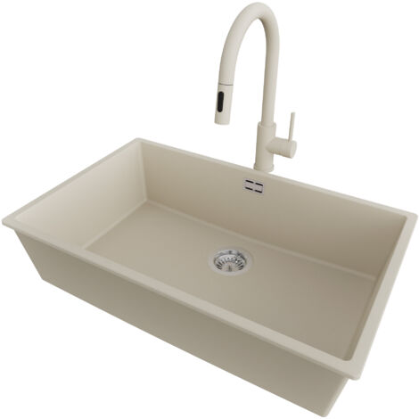 PRIMAGRAN Evier Sous Plan 76x47cm,Evier en Granit 1 bac + Robinet 40x20cm + Kit de Vidage, Évier au meuble 80cm - London, Beige
