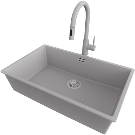PRIMAGRAN Evier Sous Plan 76x47cm,Evier en Granit 1 bac + Robinet 40x20cm + Kit de Vidage, Évier au meuble 80cm - London, Gris