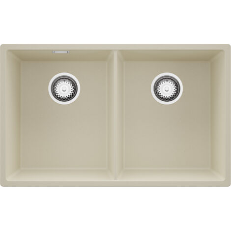 PRIMAGRAN Evier Sous Plan 76x47cm,Evier en Granit 2 bacs + Kit de Vidage, Évier au meuble 80cm - London Twin, Beige